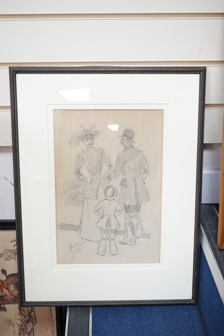 Phil May (1864-1903), four monochrome ink and charcoal figural cartoons and caricatures to include ‘Garn’, each is signed, some with inscriptions, largest 36 x 25cm. Condition - fair